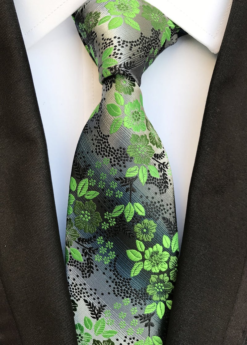 Secdtie Mens Bright Green Silver Black Tie Woven Silk Microfiber Paisley Necktie - Image 2